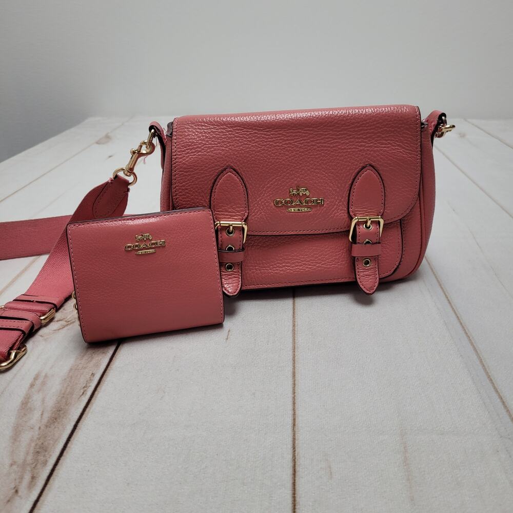 Coach Lucy crossbody purse wallet pink pebbled leather rare gold satchel
